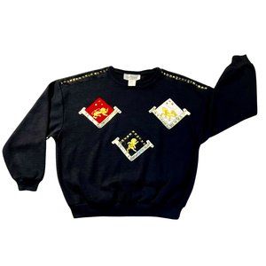 Vintage ‘Adolfo Sport’ Black and Gold Embellished Coat of Arms Crewneck Size S